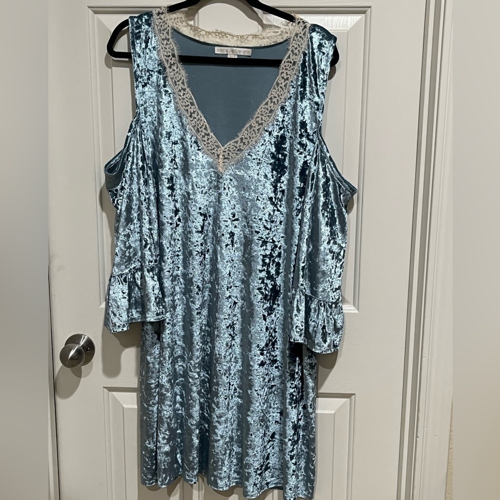 ICE Blue Velvet Cold Shoulder FAIRYCORE MINI Dress BY BOSTON PROPER, SIZE XL